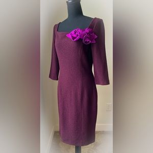 St. John, plum 3/4 sleeve dress with flower pins.